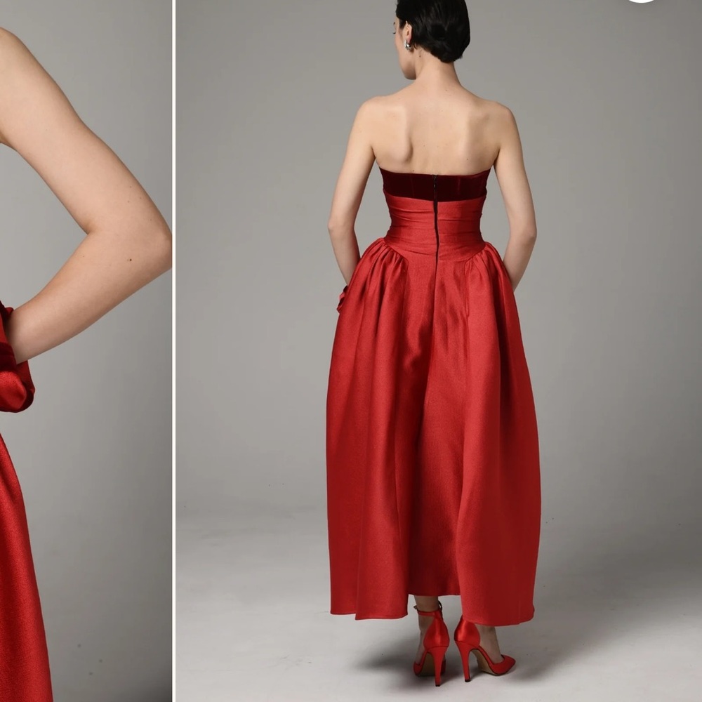 Strapless Red Maxi Dress with Scalloped Bodice - Picture 2 of 9